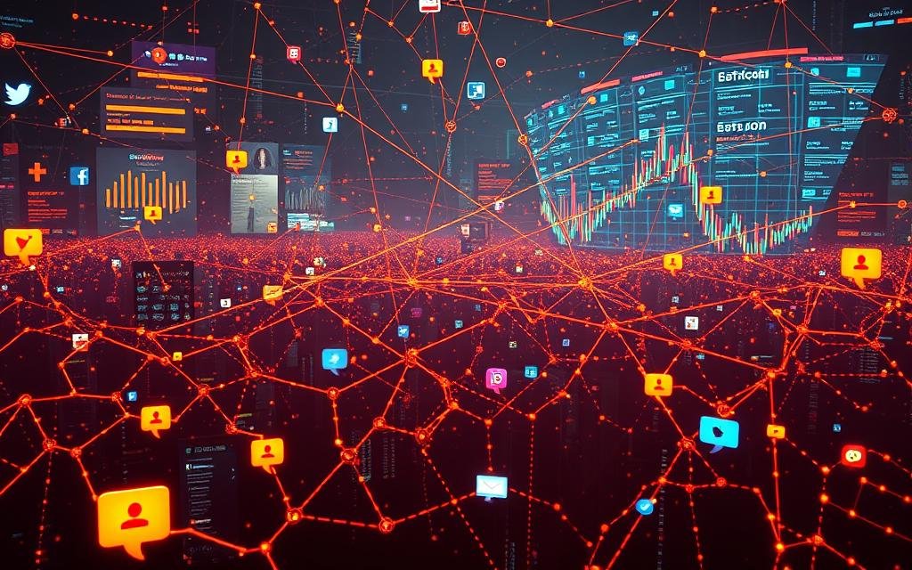 A bustling social media landscape, vibrant with interconnected nodes and pulsing digital signals. In the foreground, a cascade of icons and symbols represent the diverse channels and platforms that shape modern communication. The middle ground features a dynamic visualization of user engagement, with lines and arrows tracing the flow of likes, shares, and comments. In the background, a abstract data visualization pulses with the rhythmic ebb and flow of online interactions, conveying the powerful impact of social signals on digital visibility and growth. Warm lighting casts a sense of energy and excitement, while a cinematic camera angle suggests the grand scale and importance of these social interactions. The overall scene evokes the digital ecosystem where search engines and social media converge to drive online success.