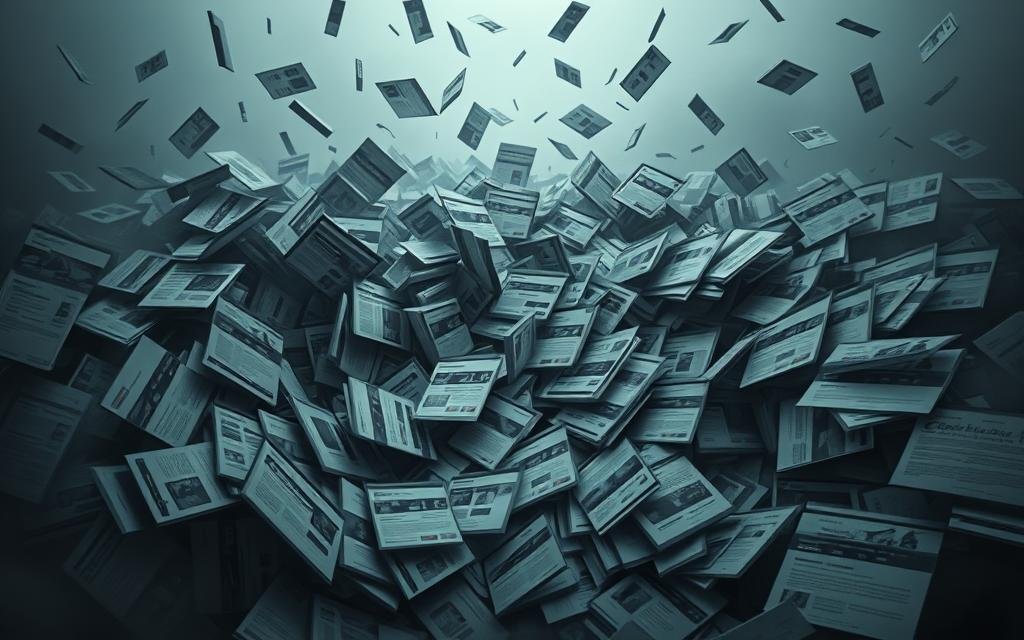 A chaotic scene of duplicate websites, overlapping and distorting each other, cast in a gloomy, monochromatic palette. In the foreground, webpages spill out from a central vortex, their content merging and blending into an indistinct mass. In the middle ground, the pages twist and fold, their edges blurring as they struggle to maintain their individual identities. The background is shrouded in a hazy, gray atmosphere, suggesting the overwhelming nature of the duplicate content challenge. The overall composition conveys a sense of overwhelming digital clutter, reflecting the difficulty of managing and resolving duplicate content issues in the e-commerce landscape.
