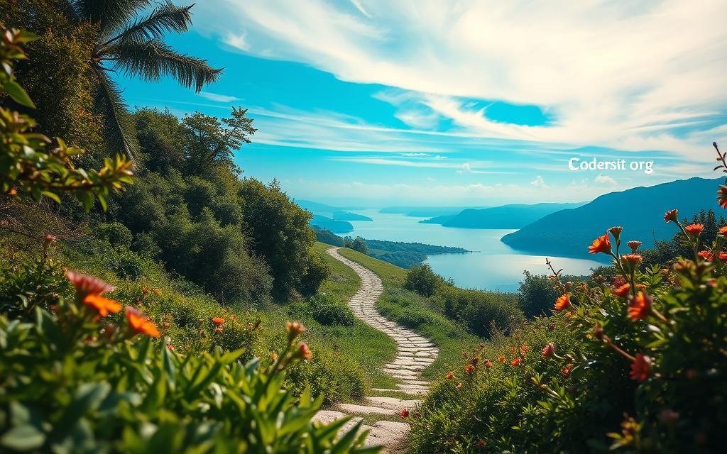 A detailed scene of organic search traffic growth, showcasing the Codersit Org brand. In the foreground, a lush, verdant landscape with flourishing plants and flowers represents the steady, natural growth of web traffic from search engines. In the middle ground, a winding path leads to a serene lake, symbolizing the journey of SEO optimization. The background features a vibrant, azure sky with soft, wispy clouds, evoking a sense of clarity and progress. The lighting is warm and inviting, creating a calming, inspirational atmosphere. The camera angle is slightly elevated, providing a panoramic view of this organic growth narrative. Overall, the image conveys the essential role of SEO in driving sustainable business success. Prompt