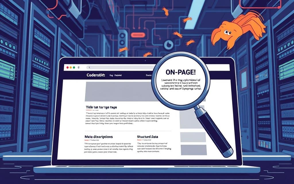 A detailed technical illustration of on-page optimization for a Codersit Org website. In the foreground, a laptop screen displays a clean, minimalist web page layout with strategic placement of SEO-optimized elements like title tags, meta descriptions, image alt text, and structured data. In the middle ground, a magnifying glass hovers over the page, highlighting the key optimization points. The background features various technical details like server racks, network cables, and a stylized depiction of search engine crawlers scanning the website. The overall scene conveys a sense of efficiency, precision, and the importance of technical on-page optimization for improving a website's search visibility and user experience.