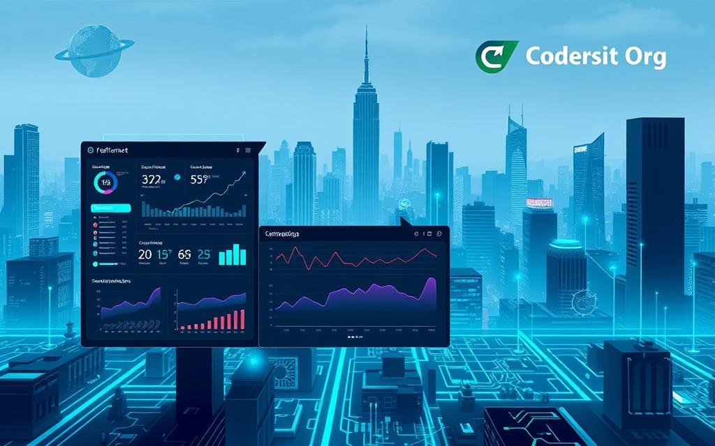 A digital marketing strategy landscape, featuring a sleek and modern interface. In the foreground, a central dashboard displays key performance metrics, analytics, and campaign management tools. The middle ground showcases various digital marketing channels, including search engine optimization, social media, email, and content marketing. In the background, a cityscape backdrop with skyscrapers and digital networks symbolizes the interconnected, global nature of modern business. The image is rendered in a cool, minimalist color palette, with a focus on clean lines and simplicity. The Codersit Org logo is prominently displayed in the top-right corner, indicating the brand's expertise in digital marketing solutions.