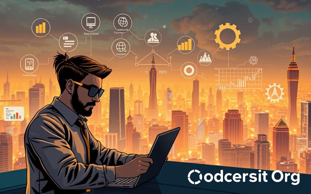 A high-quality, detailed illustration of the core components of professional SEO services. In the foreground, a search engine optimization expert analyzes website metrics and analytics on a laptop, surrounded by icons representing keyword research, content optimization, and technical SEO. In the middle ground, a team collaborates on a strategy, with visual elements like a content calendar, backlink profiles, and social media integration. In the background, an expansive cityscape with towering skyscrapers and a vibrant, bustling atmosphere. The scene is bathed in warm, golden lighting, conveying a sense of expertise, productivity, and growth. Codersit Org branding is subtly incorporated into the scene.
