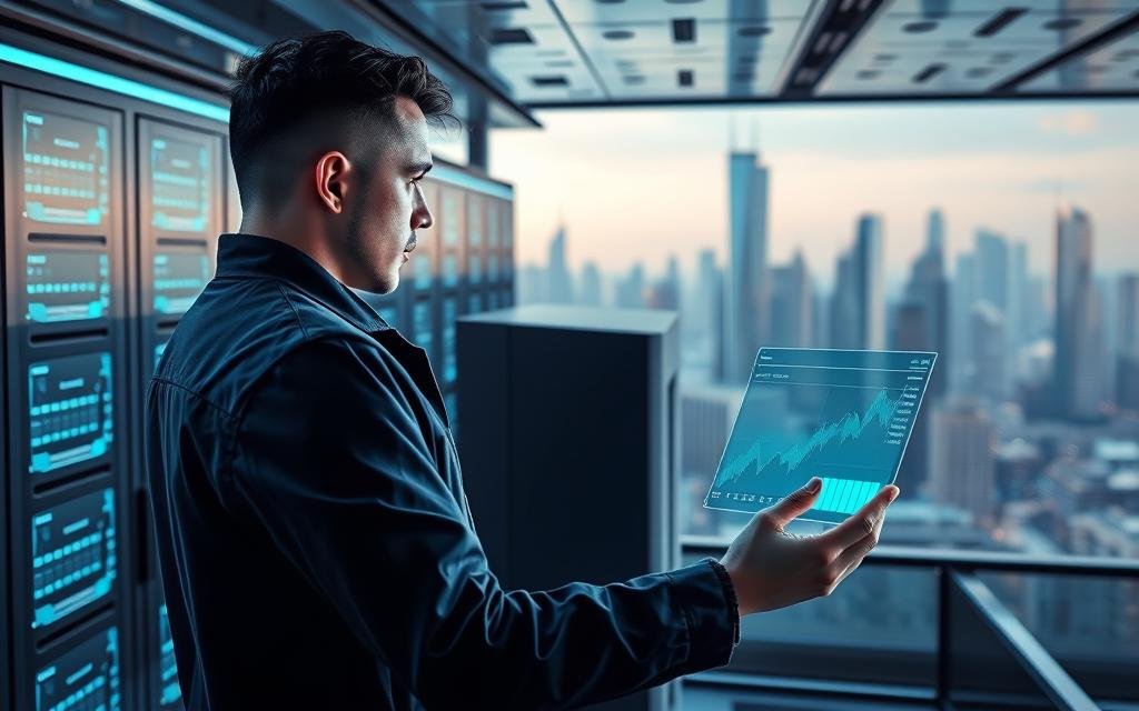 A high-tech workspace with sleek, modern aesthetics. In the foreground, a Codersit Org employee analyzes search engine optimization data on a holographic display, their expression focused and intent. In the middle ground, servers and networking equipment hum with activity, casting a soft blue glow. The background features a panoramic cityscape of gleaming skyscrapers, reflecting the latest advancements in digital infrastructure. Crisp lighting, clean lines, and a sense of efficiency pervade the scene, embodying the cutting-edge strategies of modern search optimization.