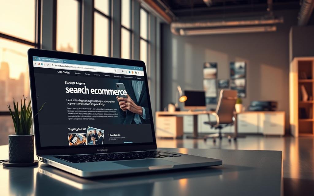 A modern, minimalist office space with clean lines and a sleek, professional aesthetic. In the foreground, a laptop displays an e-commerce website, showcasing the fundamentals of search engine optimization, including well-structured content, targeted keywords, and optimized meta tags. In the middle ground, a productivity-focused workspace with a desk, office chair, and various digital devices, symbolizing the importance of a strategic and organized approach to e-commerce SEO. The background features a large window overlooking a cityscape, bathed in warm, natural lighting, conveying a sense of productivity, innovation, and growth. The overall mood is one of focus, efficiency, and a clear path to improving online visibility and driving traffic to an e-commerce store.