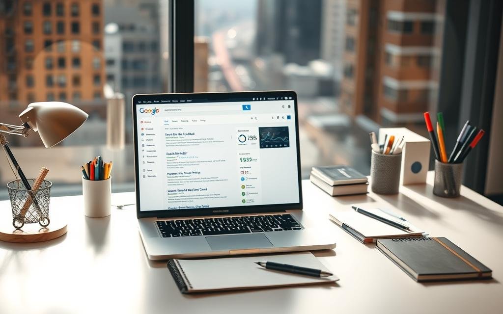A neatly organized workspace with a laptop, notebook, and various office supplies arranged on a clean, minimalist desk. The laptop screen displays an analytical search engine results page, highlighting the importance of thorough keyword research. Warm, natural lighting illuminates the scene, creating a productive and focused atmosphere. The background features a blurred cityscape, subtly suggesting the broader context of digital marketing and e-commerce. The overall composition conveys the methodical and insightful nature of the "Implementing Effective Keyword Research Methods" section.