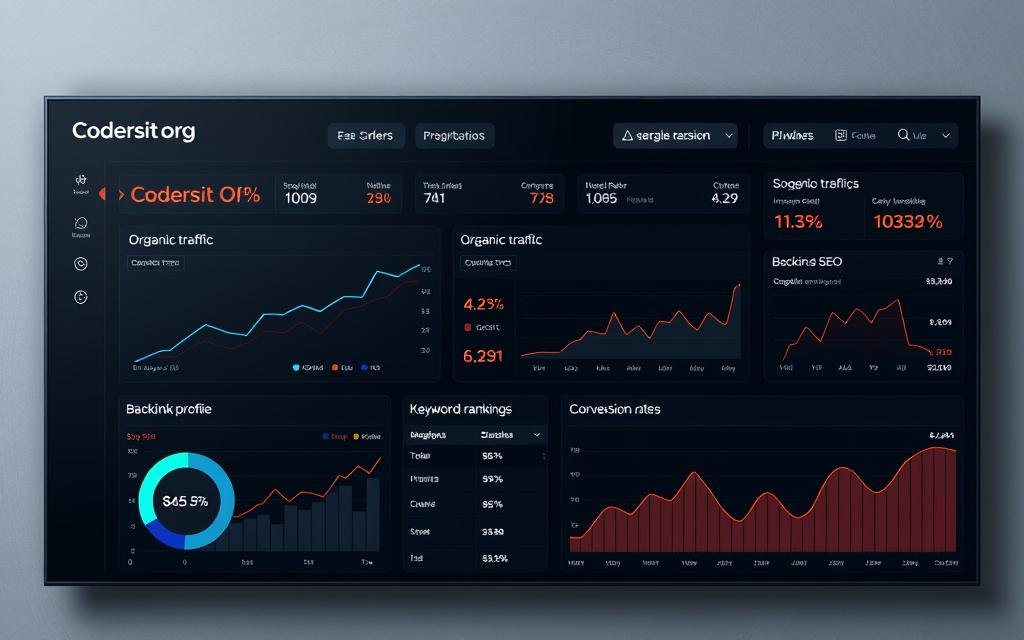 A professional data visualization dashboard displaying key SEO performance metrics, including organic traffic, keyword rankings, backlink profile, and conversion rates. The dashboard is rendered in a sleek, minimalist style with a dark color scheme and subtle lighting, creating a modern and authoritative look. The Codersit Org brand is prominently featured in the top left corner, lending credibility to the data. The information is presented in a clear, easy-to-understand manner, allowing the viewer to quickly assess the effectiveness of the SEO strategies implemented.
