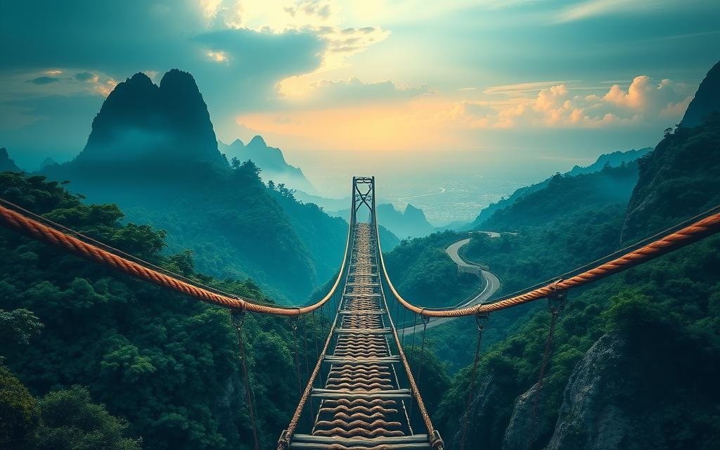 A serene digital landscape depicting backlink building strategies. In the foreground, a sturdy rope bridge spans a deep ravine, symbolizing the connections between websites. Surrounding the bridge, verdant foliage and towering mountains create a sense of depth and adventure. The midground features a network of pathways winding through the landscape, representing the intricate web of backlinks. Soft, diffuse lighting casts a warm, golden glow, evoking a sense of progress and achievement. In the background, a vast, cloud-filled sky stretches out, hinting at the boundless possibilities of effective backlink building. The overall scene conveys a harmonious balance between the digital and natural worlds, inspiring a strategic and thoughtful approach to backlink development.