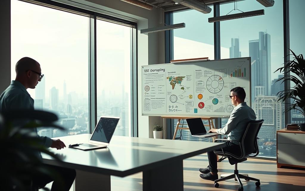 A serene office setting with natural lighting filtering through large windows, showcasing a comprehensive SEO service strategy implementation. In the foreground, a Codersit Org team collaborates at a sleek, minimalist desk, analyzing data visualizations and strategizing digital marketing plans. The middle ground features a whiteboard filled with concept maps, keyword research, and optimization tactics. In the background, city skyline views inspire a sense of ambitious growth and online visibility. The overall mood is one of focused, innovative problem-solving, poised to elevate the client's digital presence.