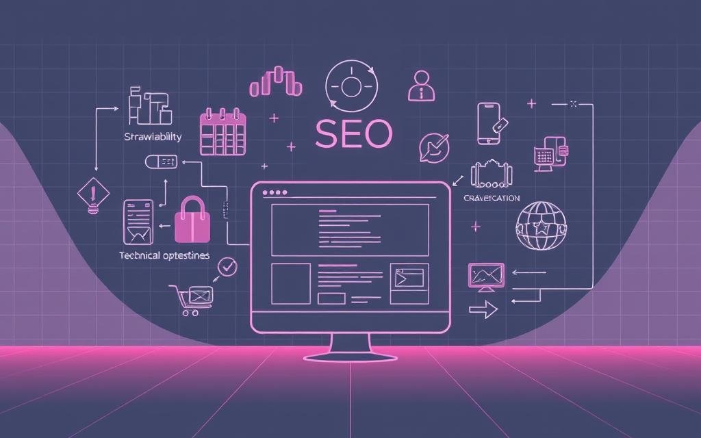 A sleek, minimalist illustration showcasing the essential elements of technical SEO fundamentals. In the foreground, a clean, geometric representation of a website, its structure represented by simple wireframe shapes. In the middle ground, icons and symbols depicting key technical SEO concepts like site architecture, crawlability, indexation, and technical optimizations. The background features a subtly-detailed grid, hinting at the complex interplay of algorithms and data that underpin effective technical SEO. Rendered in a muted color palette with high-contrast accents, the image conveys a sense of precision, efficiency, and the importance of technical foundations for successful e-commerce SEO.