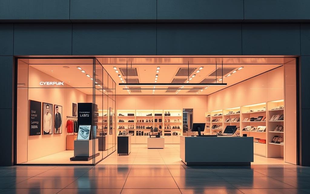 A sleek, modern e-commerce store structure with a minimalist design. The storefront features large display windows showcasing the latest products, with clean lines and a neutral color palette. The entrance leads to an open-concept interior with strategic product placement and intuitive navigation. Warm, diffused lighting creates a welcoming ambiance, while discrete shelving and display units maximize the available space. A central checkout counter with a contemporary aesthetic streamlines the purchasing process. The overall layout prioritizes user experience, guiding customers efficiently through the shopping journey. A sense of sophistication and professionalism pervades the scene, reflecting the high-quality goods on offer.