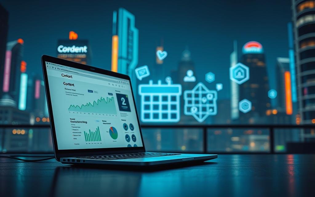 A stunning, high-resolution image of "content optimization" showcased against a backdrop of the Codersit Org brand. The foreground depicts a sleek laptop displaying a web page with analytics and performance metrics, illuminated by soft, directional lighting. The middle ground features a stylized content calendar and social media icons, hinting at the strategic planning behind effective content creation. The background sets the scene with a cityscape view, conveying a sense of the digital landscape in which online visibility is paramount. The overall composition conveys the role of content optimization in driving SEO success and improving a brand's online presence.