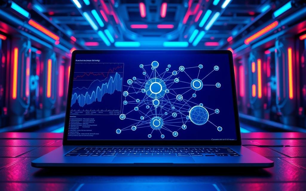 A technical SEO illustration with a modern, futuristic aesthetic. In the foreground, a stylized laptop screen displays a line graph and analytics data, bathed in a cool blue glow. In the middle ground, a 3D wireframe model of a search engine optimization strategy unfolds, with intricate nodes and connections. In the background, a Codersit Org backdrop of sleek, metallic surfaces and glowing neon accents creates an immersive, high-tech environment. The overall mood is one of analytical precision, technological prowess, and a visually captivating exploration of the technical underpinnings of SEO.