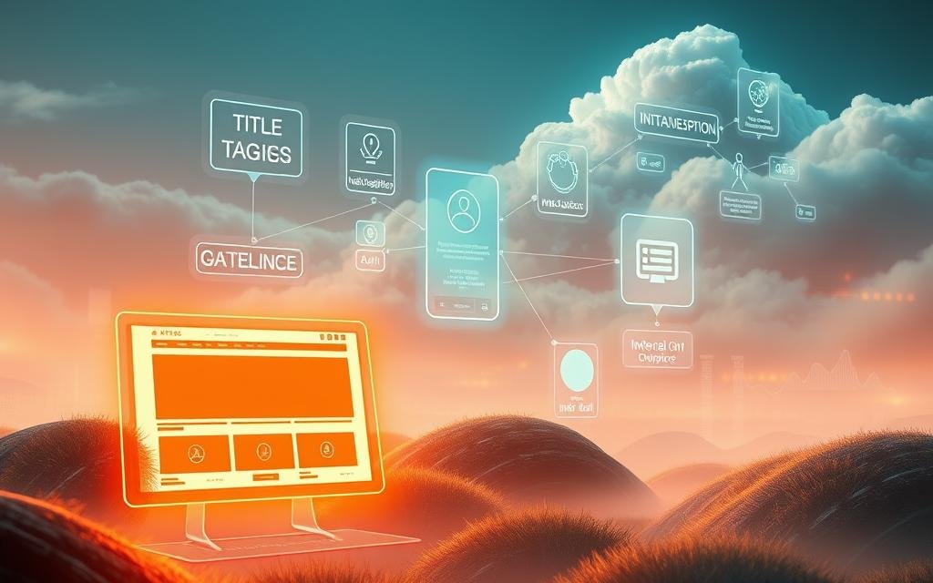 A vibrant digital landscape showcasing the key components of on-page SEO for e-commerce. In the foreground, a sleek, minimalist website interface with strategically placed product images, well-structured content, and optimized metadata. Hovering in the middle ground, holographic icons representing title tags, meta descriptions, image alt-text, and internal linking. In the background, a cloud-like expanse of search engine algorithms and analytics, conveying the importance of data-driven optimization. Soft, diffused lighting emanates from the digital elements, casting a warm, technological glow. The scene has a sense of depth, balance, and visual harmony, reflecting the comprehensive approach to effective on-page SEO for e-commerce.