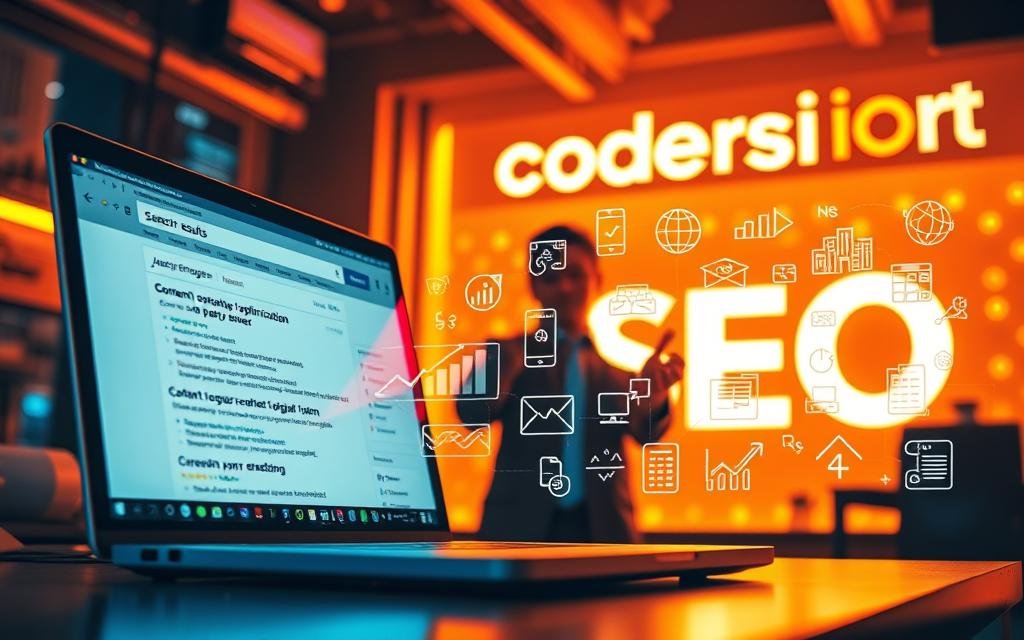 A vibrant, dynamic scene showcasing effective on-page SEO strategies. In the foreground, a laptop displays a search engine results page, highlighting the importance of keyword optimization and meta tags. In the middle ground, a person gestures towards an array of digital marketing icons, representing content optimization, site structure, and user experience. The background features the Codersit Org brand name, conveying authority and expertise in the field of search engine optimization. Warm lighting illuminates the scene, creating a sense of productivity and progress. The overall composition evokes a professional, data-driven approach to improving online visibility and driving sales.