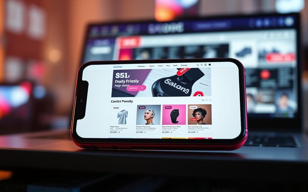 A vibrant, photorealistic rendering of a smartphone screen showcasing mobile-friendly web design. The foreground depicts a sleek, edge-to-edge display with crisp, responsive elements that seamlessly adapt to different device sizes. The middle ground features a minimalist, carefully crafted user interface with clean typography, intuitive navigation, and high-quality product imagery. In the background, a blurred, out-of-focus view of a computer monitor or laptop screen symbolizes the importance of cross-device optimization. The scene is bathed in warm, diffused lighting, creating a sense of balance and harmony between the digital and physical worlds. Captured with a high-quality DSLR camera, the image conveys the technical sophistication and user-centric approach of effective digital marketplace design.