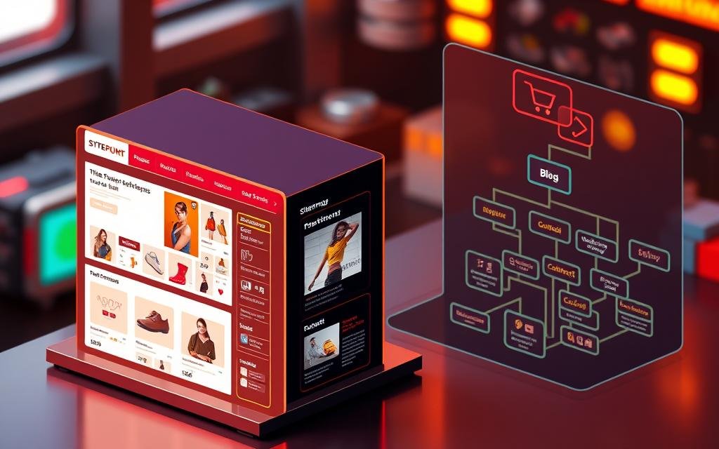 A vibrant, three-dimensional diagram showcasing the essential components of an ecommerce site architecture. In the foreground, a clean and intuitive homepage layout with visually appealing product categories, search bar, and shopping cart. In the middle ground, a dynamic product page displaying detailed product information, reviews, and add-to-cart functionality. In the background, a structured sitemap highlighting the hierarchy of key pages like collections, blog, and contact. The scene is illuminated by warm, natural lighting, captured from a slightly elevated, isometric angle to provide a comprehensive overview. The overall mood is professional, informative, and designed to optimize search engine visibility and user experience.
