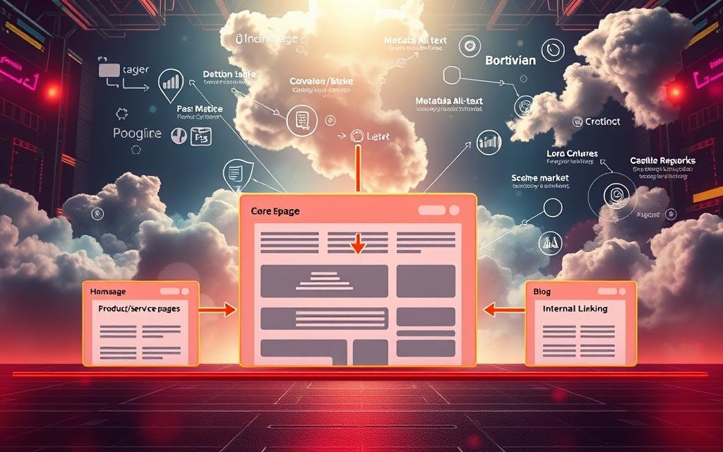 A visually striking diagram depicting the essential elements of a website structure optimized for search engine visibility. In the foreground, a clean, modular layout showcases the core pages - homepage, product/service pages, blog, and contact. The middle ground features interlinking arrows highlighting the importance of an intuitive navigation and internal linking. In the background, clouds of technical details swirl, including metadata, alt-text, schema markup, and other SEO-focused elements. The scene is bathed in a warm, inviting light, conveying the sense of a Codersit Org-designed website that is both visually appealing and highly optimizable for search engines.