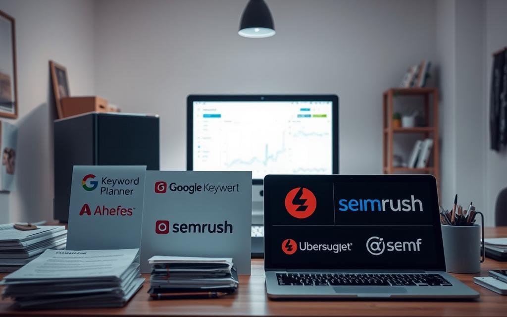 A well-lit modern office workspace with a desktop computer, a stack of papers, and various office supplies. In the foreground, a collection of different keyword research tools and software are prominently displayed, including popular platforms such as Google Keyword Planner, Ahrefs, SEMrush, and Ubersuggest. The middle ground features a laptop open to an analytics dashboard, showcasing data and insights from these keyword research tools. The background has a minimalist, clean design with white walls and wooden accents, creating a professional and focused atmosphere. The lighting is soft and diffused, emphasizing the tools and data at the center of the scene.