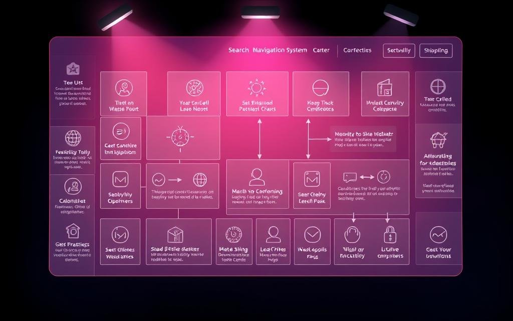 Detailed digital illustration of an SEO-friendly navigation system for an e-commerce website. The interface features a clean, modern design with intuitive icons and clear labeling. The layout emphasizes hierarchy and user flow, guiding the viewer through the site's structure. Subtle gradient backgrounds and minimalist lines create a sleek, professional aesthetic. Focused lighting from the top left casts gentle shadows, highlighting key navigational elements. The overall composition conveys a sense of efficiency, usability, and search engine optimization.
