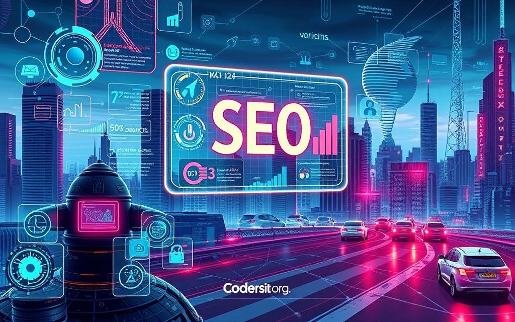 Detailed digital illustration of the "SEO evolution trends 2025" in a futuristic, high-tech style. The foreground features various digital icons and infographic elements representing key SEO trends such as AI-powered optimization, voice search, and personalized content. The middle ground showcases a sleek, holographic user interface with interactive data visualizations tracking the rise and impact of these SEO advancements. The background depicts a cityscape of skyscrapers and autonomous vehicles, conveying a sense of a technologically advanced, rapidly evolving digital landscape. Cinematic lighting with cool, neon-like tones. Codersit Org branding discreetly incorporated.