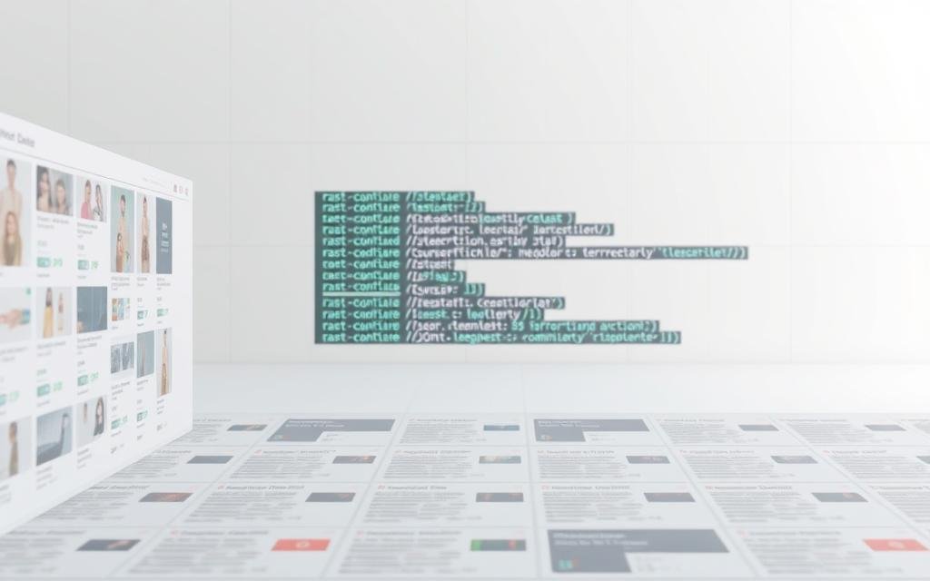 High-quality 3D render of structured data for e-commerce, featuring a clean, minimalist design. In the foreground, a grid of product images, prices, and descriptions, all neatly organized. In the middle ground, a series of JSON-formatted code blocks, highlighting the structured data markup. The background is a soft, neutral gradient, with subtle grid lines suggesting the underlying data structure. The lighting is soft and diffused, creating a sense of depth and clarity. The overall tone is professional, informative, and visually appealing, perfectly suited to illustrate the section on leveraging structured data for rich results in an e-commerce SEO guide.