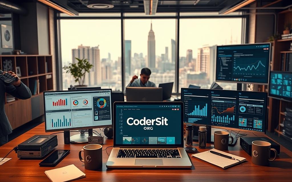 Prompt An office setting with a large desk showcasing various AI-powered SEO tools and analytics dashboards. The foreground features a laptop displaying the Codersit Org brand, along with smart devices, notepads, and coffee mugs. The middle ground shows a programmer fine-tuning algorithm parameters, while the background depicts a cityscape through a window, conveying a sense of productivity and technological advancement. The lighting is warm and inviting, creating a professional and innovative atmosphere. The angle is slightly elevated, providing an overview of the workspace.