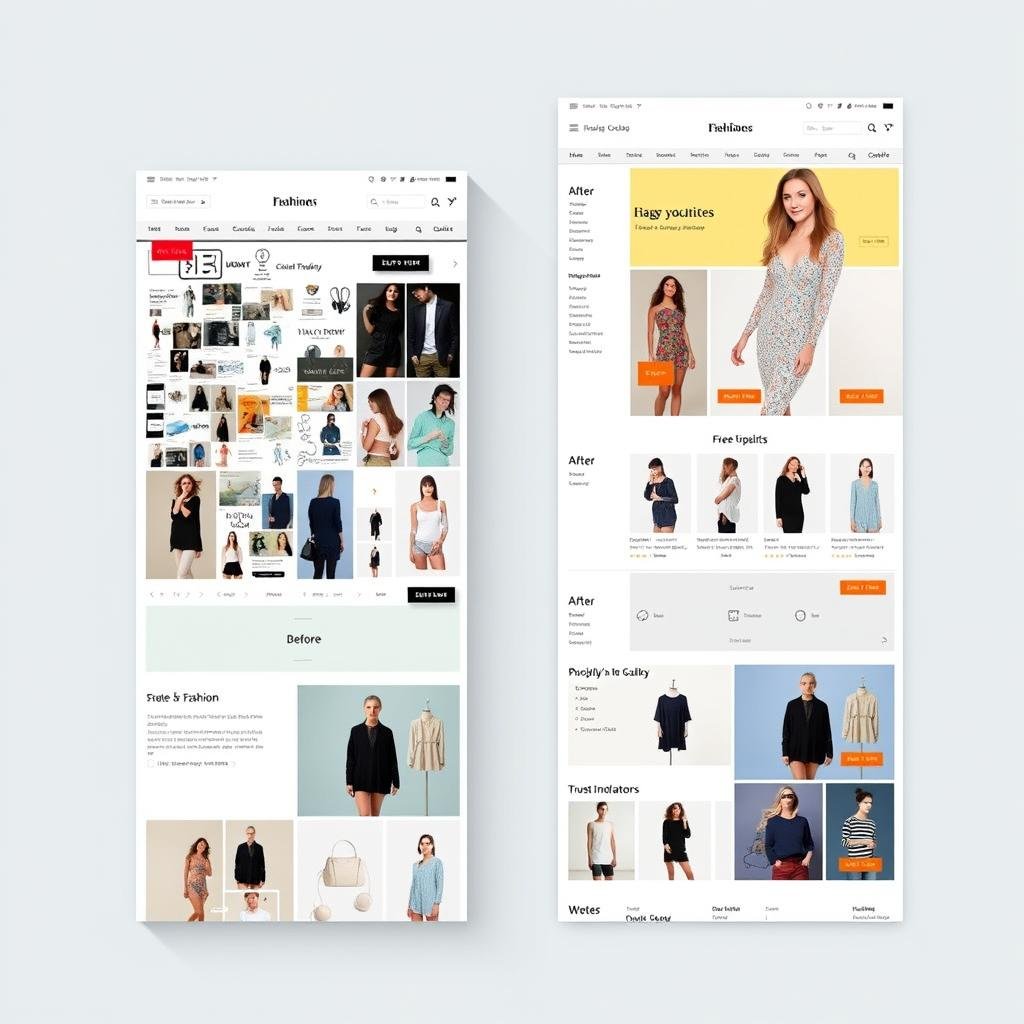 Before and after comparison of a fashion e-commerce website redesigned by Codersit Org showing improved conversion elements Before and after comparison of a fashion e-commerce website redesigned by Codersit Org showing improved conversion elements