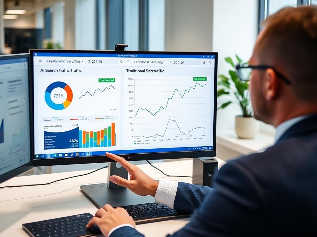 Business person analyzing AI search traffic data showing higher conversion rates from AI-sourced traffic compared to traditional search Business person analyzing AI search traffic data showing higher conversion rates from AI-sourced traffic compared to traditional search