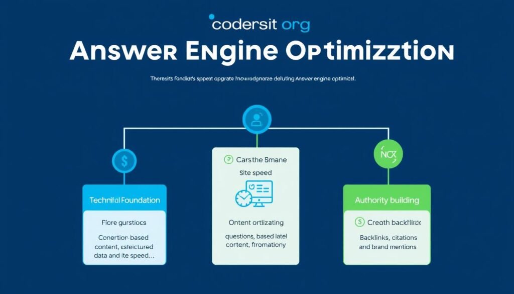 Codersit Org's three-pillar approach to Answer Engine Optimization (AEO) showing technical foundation, content optimization, and authority building Codersit Org's three-pillar approach to Answer Engine Optimization (AEO) showing technical foundation, content optimization, and authority building