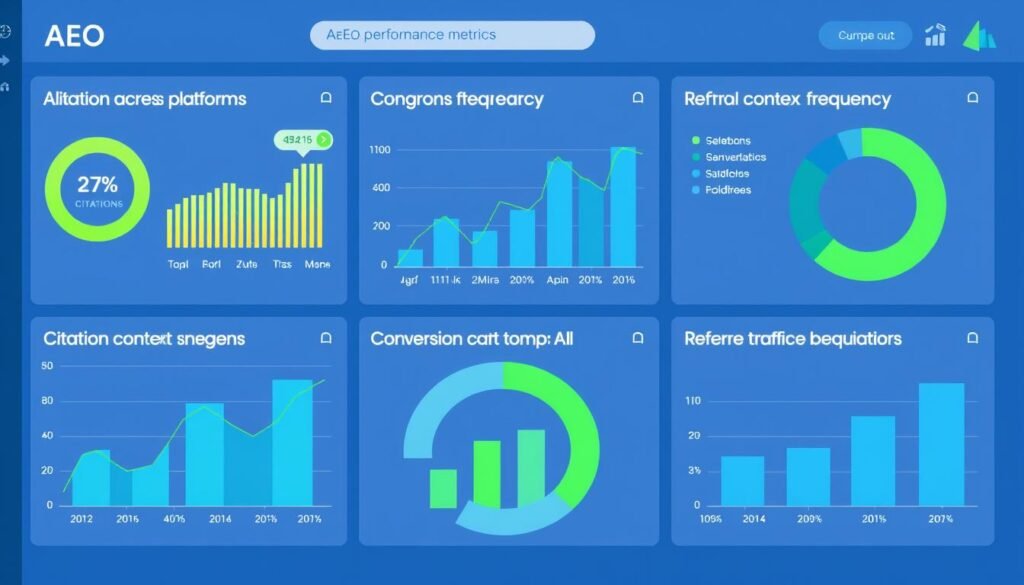 Dashboard showing Answer Engine Optimization (AEO) metrics including AI citations, brand mentions, and conversion tracking Dashboard showing Answer Engine Optimization (AEO) metrics including AI citations, brand mentions, and conversion tracking