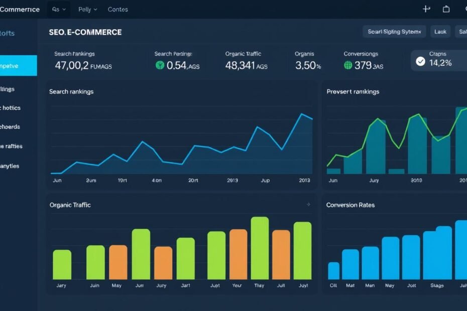 E-Commerce SEO dashboard showing improved search rankings and traffic growth