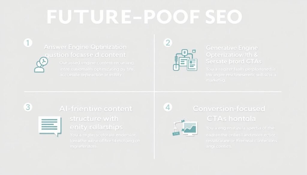 Four components of future-proof SEO strategy with AEO and GEO highlighted