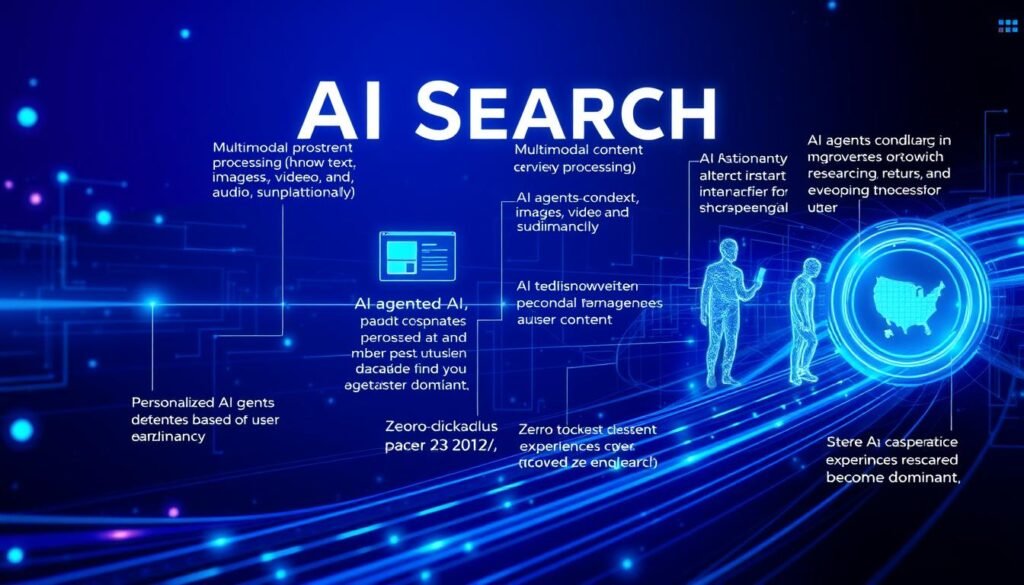 Futuristic visualization of AI search evolution showing multimodal content processing and personalized AI responses Futuristic visualization of AI search evolution showing multimodal content processing and personalized AI responses