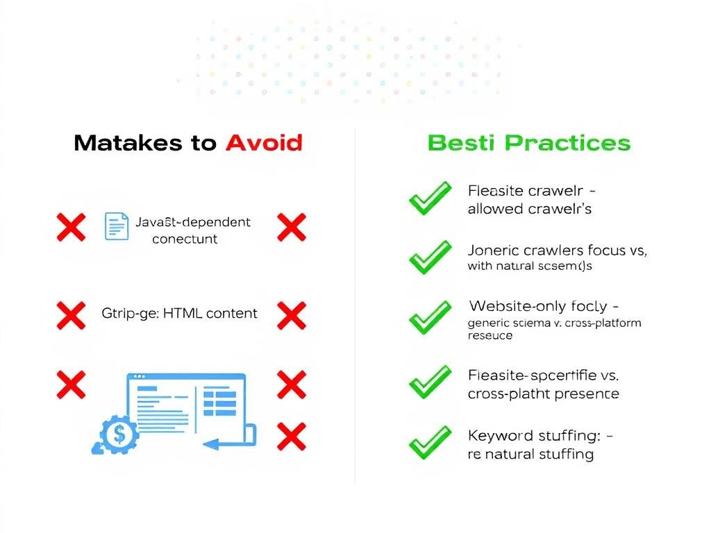 Illustration showing common Answer Engine Optimization (AEO) mistakes with red X marks and green checkmarks for correct approaches Illustration showing common Answer Engine Optimization (AEO) mistakes with red X marks and green checkmarks for correct approaches
