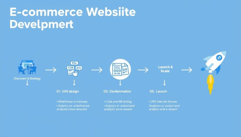 Visual representation of Codersit Org's e-commerce development process showing the journey from discovery to launch of high-converting websites Visual representation of Codersit Org's e-commerce development process showing the journey from discovery to launch of high-converting websites